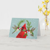 クリスマス深紅色とハミングバードのカード カード (黄色い花)