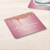 クリスマス溶融バラピンク金ゴールド スクエアペーパーコースター (アングル)