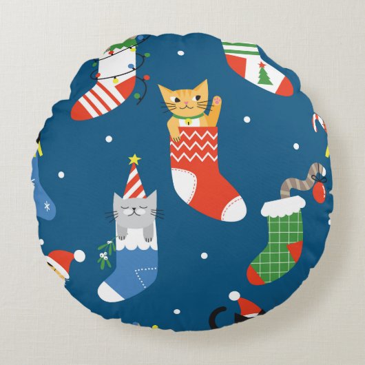 クリスマス漫画の猫のかわいい柄 ラウンドクッション (正面)