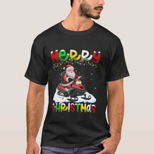 クリスマス照明サンタスノーモービルメリークリスマス Tシャツ (正面)