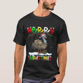 クリスマス照明サンタハットエミューバードメリークリスマスT Tシャツ