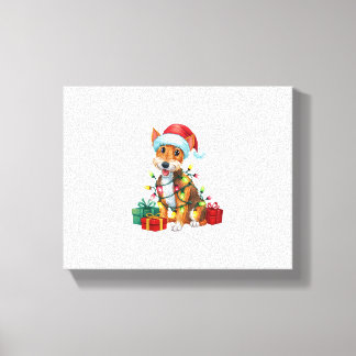 クリスマス照明サンタハットキツネテリアドッグクリスマス キャンバスプリント