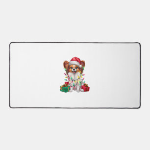 クリスマス照明サンタハットパピロンドッグクリスマス デスクマット