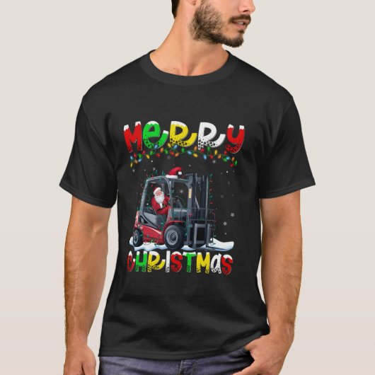 クリスマス照明サンタハットフォークリフトメリークリスマスT Tシャツ (正面)