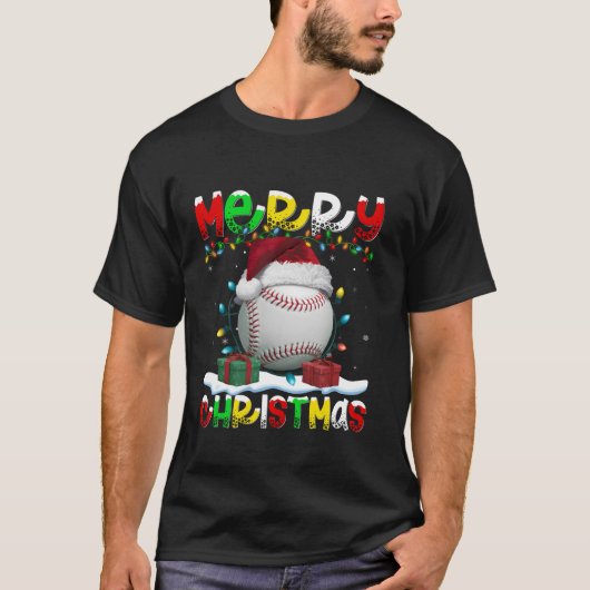 クリスマス照明サンタハットベースボールメリークリスマスT Tシャツ (正面)