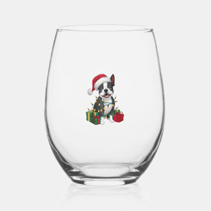 クリスマス照明サンタハットボストンテリアードッグクリスチム ステムなしワイングラス