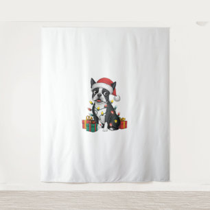 クリスマス照明サンタハットボストンテリアードッグクリスチム タペストリー