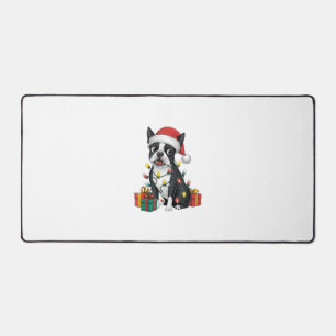 クリスマス照明サンタハットボストンテリアードッグクリスチム デスクマット