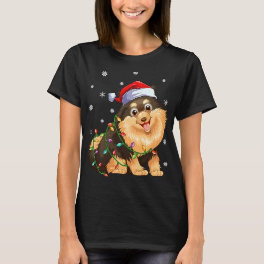 クリスマス照明サンタハットポメラニア犬 Tシャツ (正面)