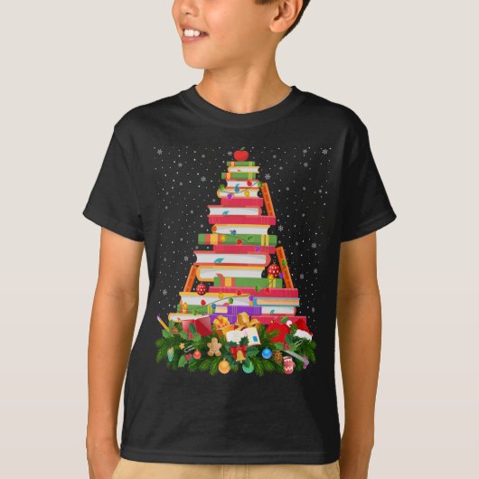クリスマス照明サンタハットリブラリアンブッククリスマスT Tシャツ (正面)