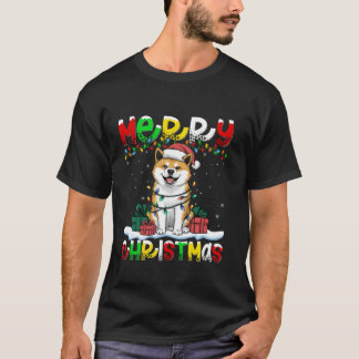 クリスマス照明サンタハット秋田犬キリメリースト Tシャツ