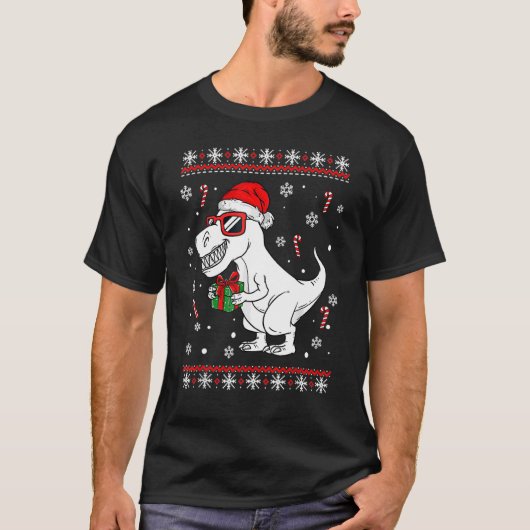 クリスマス照明サンタハット醜いレックス恐竜のクリスマス Tシャツ (正面)