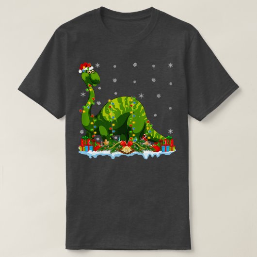 クリスマス照明サンタブロントサウルス恐竜クリスマ Tシャツ (デザイン正面)