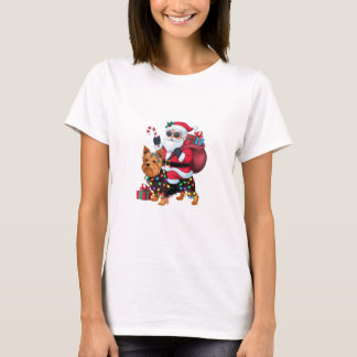 クリスマス照明サンタライディングヨークシャーテリアードッグC Tシャツ