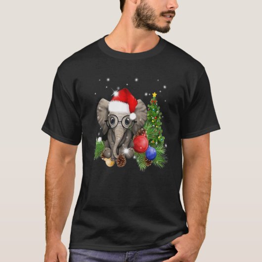 クリスマス照明ツリーサンタハットキュートエレファントクリステム Tシャツ (正面)