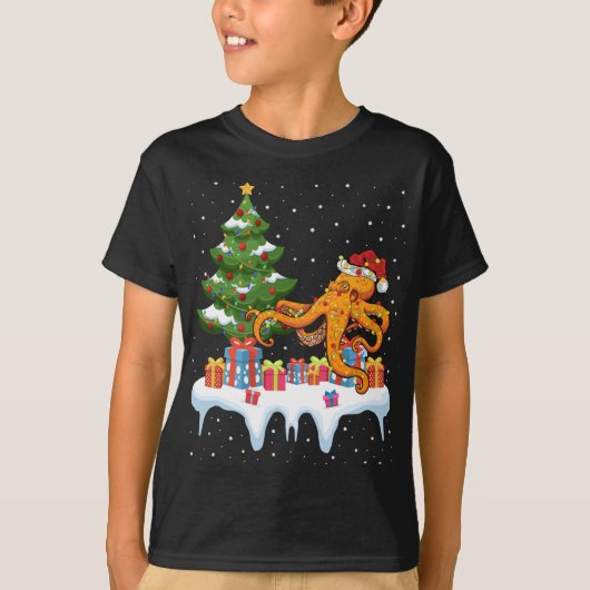 クリスマス照明ツリーサンタハットタコクリスマス Tシャツ (正面)