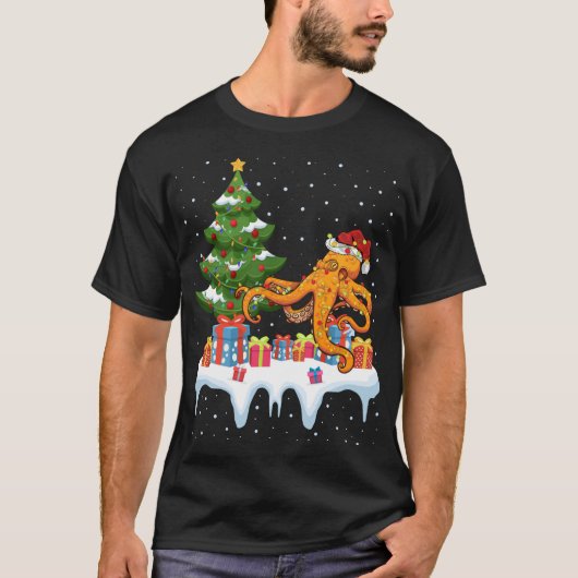 クリスマス照明ツリーサンタハットタコクリスマス Tシャツ (正面)
