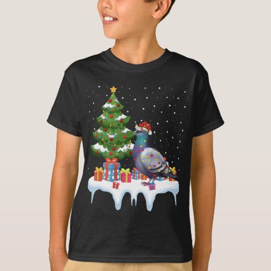クリスマス照明ツリーサンタハットピジョンクリスマス Tシャツ (正面)