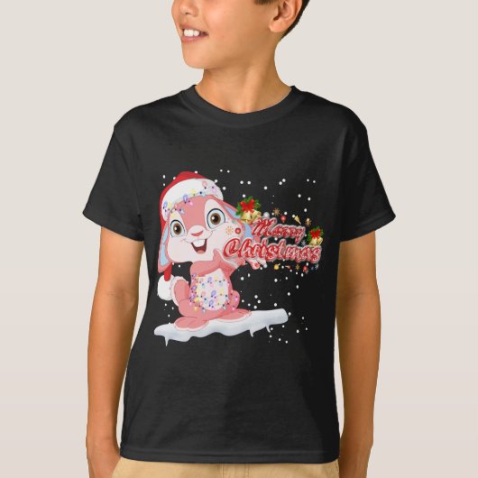 クリスマス照明ツリーサンタハットラビットバニークリスマ Tシャツ (正面)