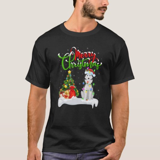 クリスマス照明マッチングサンタシベリアハスキードッグCh Tシャツ (正面)