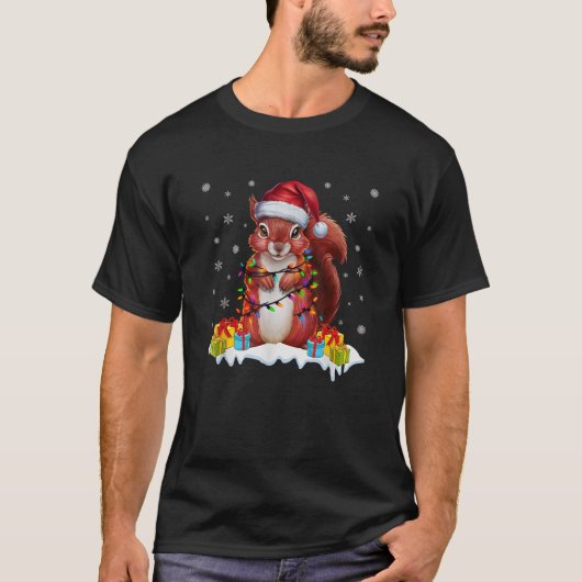 クリスマス照明リスはサンタ帽子の醜いChriを着て Tシャツ (正面)