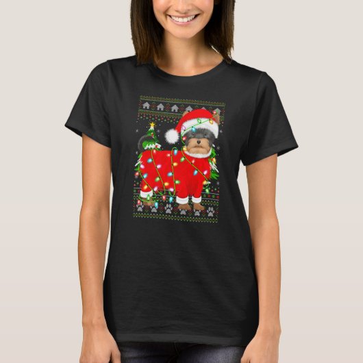 クリスマス照明醜いサンタヨークシャーテリアクリスチム Tシャツ (正面)