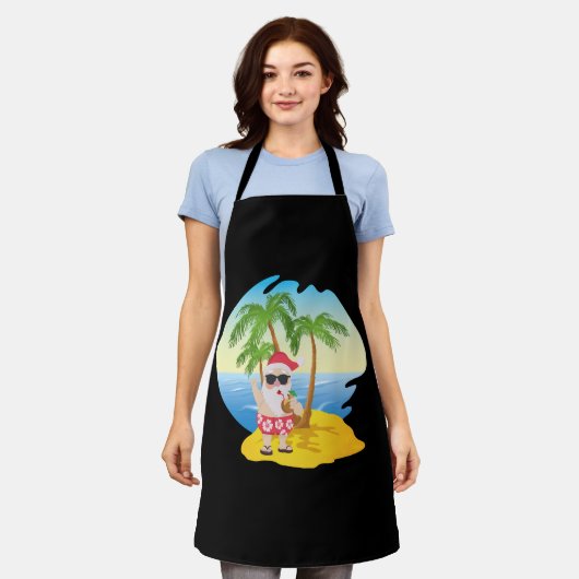 クリスマス熱帯ビーチおもしろいサンタクロース エプロン (着用した状態)