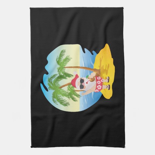 クリスマス熱帯ビーチおもしろいサンタクロース キッチンタオル (縦)