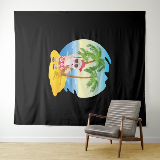 クリスマス熱帯ビーチおもしろいサンタクロース タペストリー (インサイチュ(横))