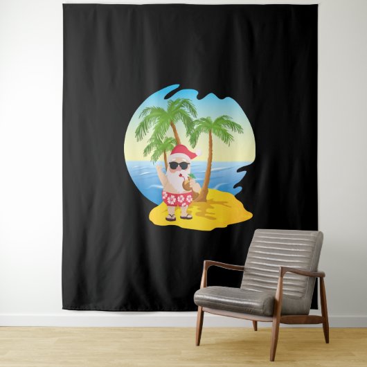 クリスマス熱帯ビーチおもしろいサンタクロース タペストリー (インサイチュ)