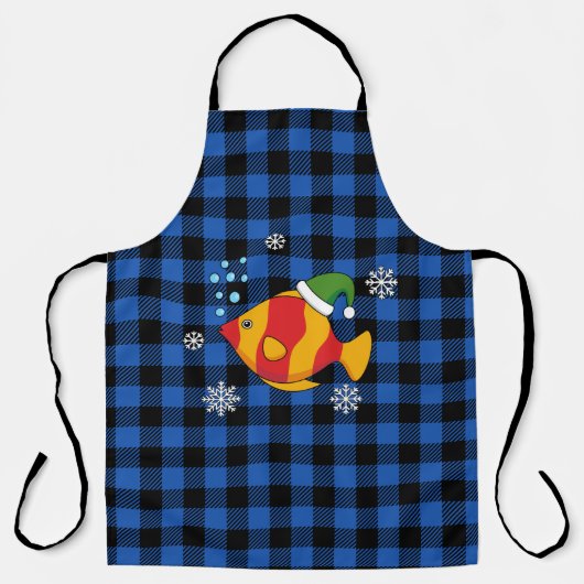 クリスマス熱帯魚の青いバッファローパターンの漫画 エプロン (正面)