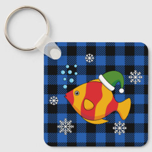 クリスマス熱帯魚の青いバッファローパターンの漫画 キーホルダー