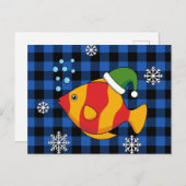 クリスマス熱帯魚の青いバッファローパターンの漫画 シーズンポストカード (正面/裏面)