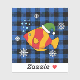 クリスマス熱帯魚の青いバッファローパターンの漫画 シール