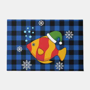クリスマス熱帯魚の青いバッファローパターンの漫画 ドアマット