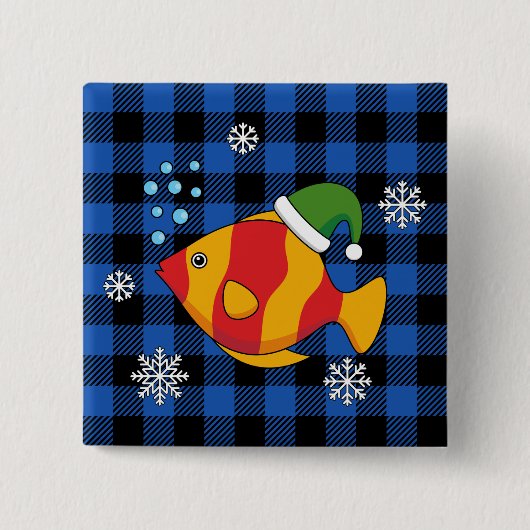 クリスマス熱帯魚の青いバッファローパターンの漫画 缶バッジ (正面)