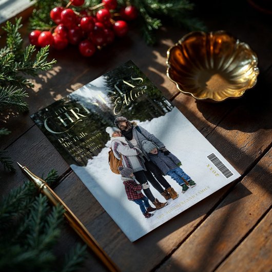 クリスマス版家族写真雑誌の表紙 箔シーズンカード