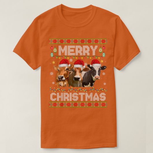 クリスマス牛サンタ帽クリスマスライト牛 Tシャツ (デザイン正面)