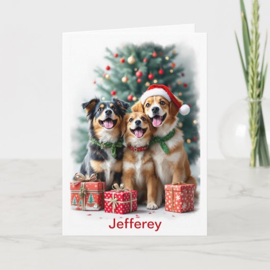 クリスマス犬あなたの署名を追加する子供の名前 カード (正面)