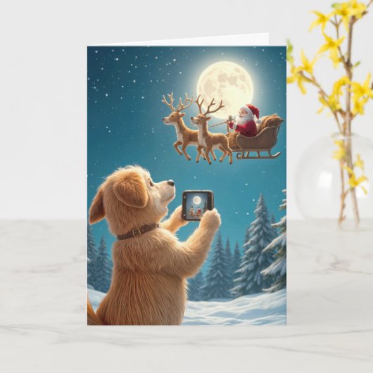 クリスマス犬がそりでサンタクロースを撮影 カード (黄色い花)