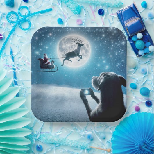 クリスマス犬がそりでサンタクロースを撮影 ペーパープレート (パーティー)