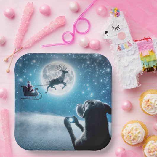 クリスマス犬がそりでサンタクロースを撮影 ペーパープレート (パーティー)