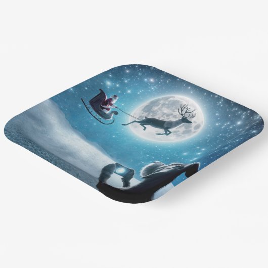 クリスマス犬がそりでサンタクロースを撮影 ペーパープレート (傾斜あり)