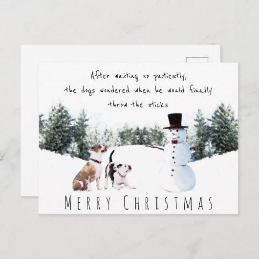 クリスマス犬が雪だるまからステッキを待っている ポストカード (正面/裏面)