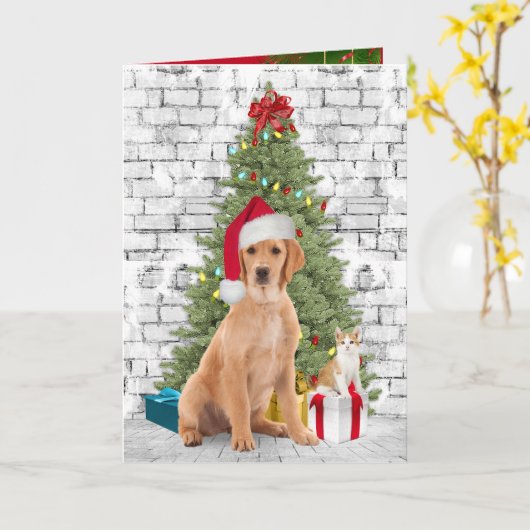 クリスマス犬と子猫 カード (黄色い花)