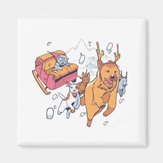 クリスマス犬と猫ぞり マグネット (正面)