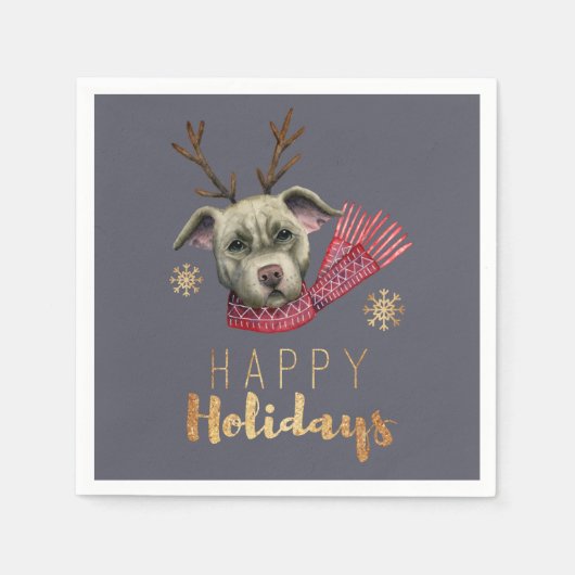 クリスマス犬と〔雄ジカの〕枝角,ハッピーホリデー スタンダードカクテルナプキン (正面)