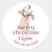 クリスマス犬メリークリスマスタイポグラフィ ラウンドシール (正面)
