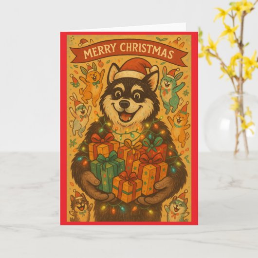 クリスマス犬 カード (黄色い花)