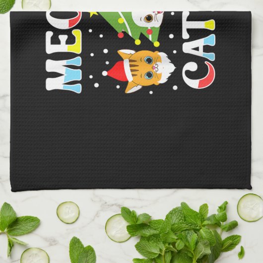 クリスマス猫おもしろいクリスマスネコMeowy Catmas キッチンタオル (折り畳み)